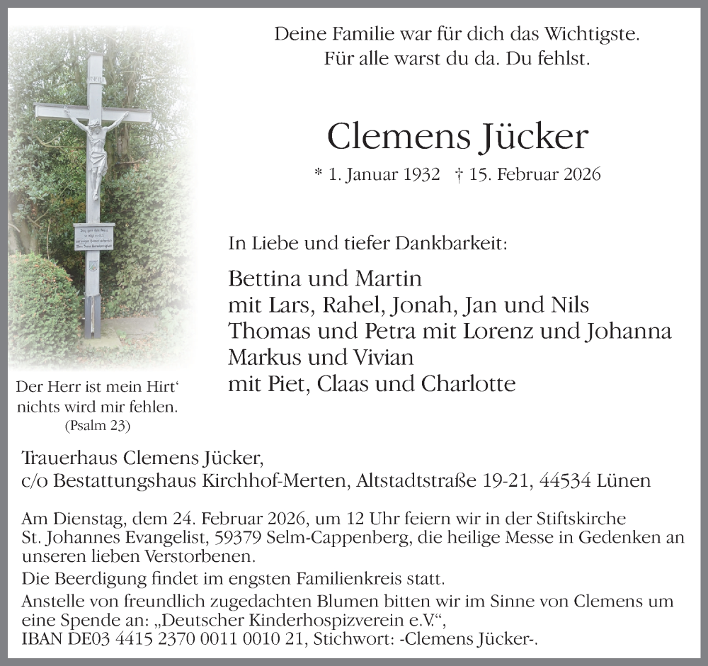  Traueranzeige für Clemens Jücker vom 21.02.2026 aus Ruhr Nachrichten