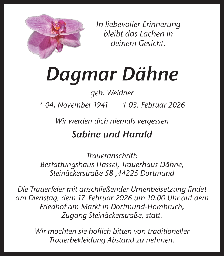  Traueranzeige für Dagmar Dähne vom 07.02.2026 aus Ruhr Nachrichten
