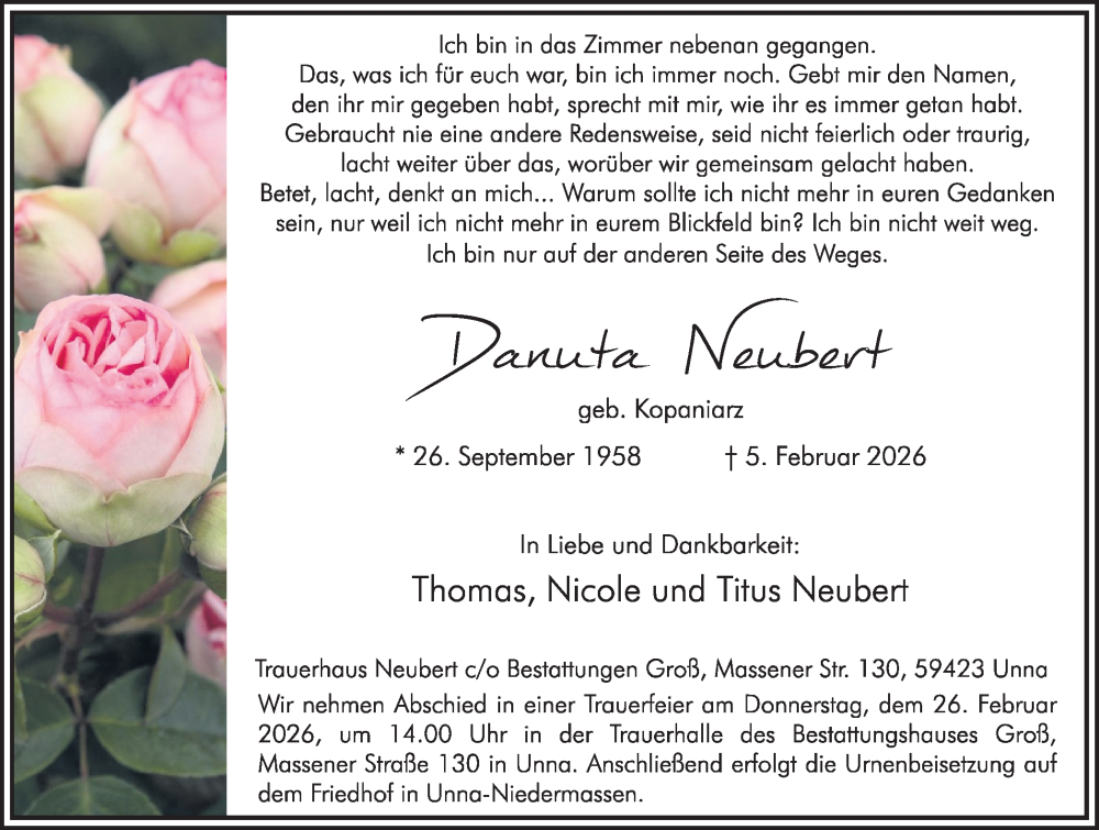  Traueranzeige für Danuta Neubert vom 19.02.2026 aus Hellweger Anzeiger