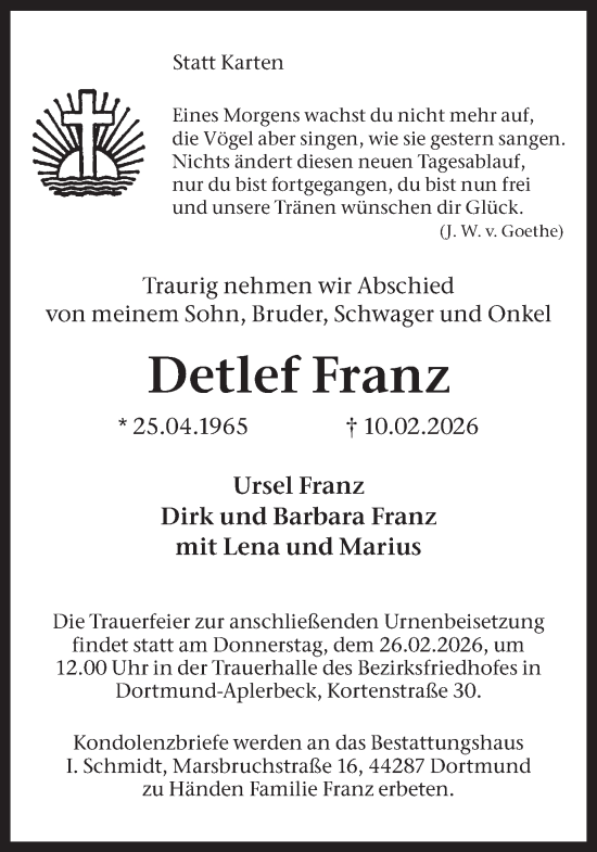 Traueranzeige von Detlef Franz von Ruhr Nachrichten