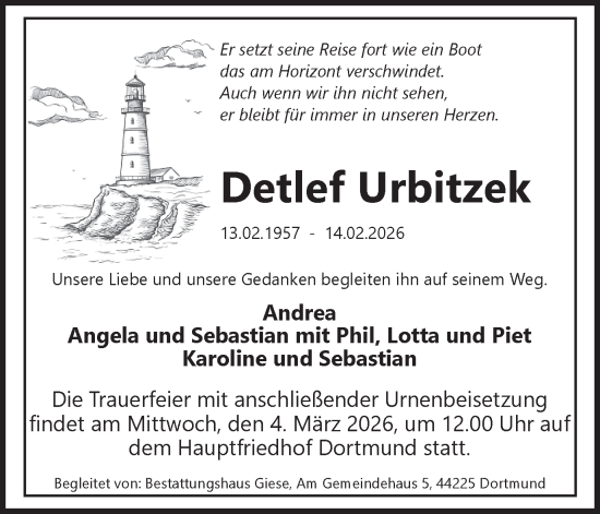 Traueranzeige von Detlef Urbitzek von Ruhr Nachrichten