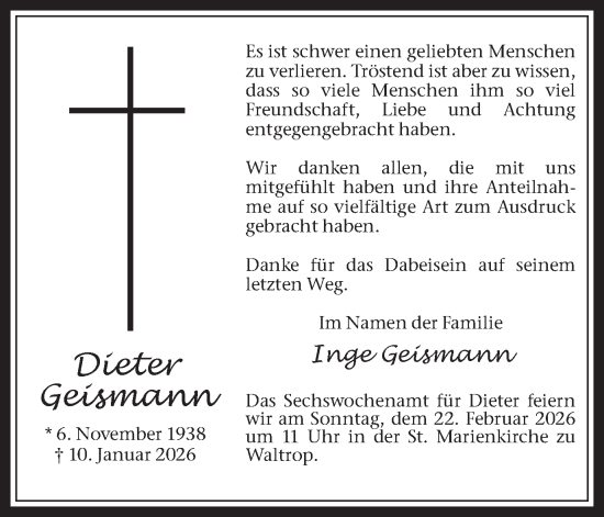 Traueranzeige von Dieter Geismann von Trauer Vest