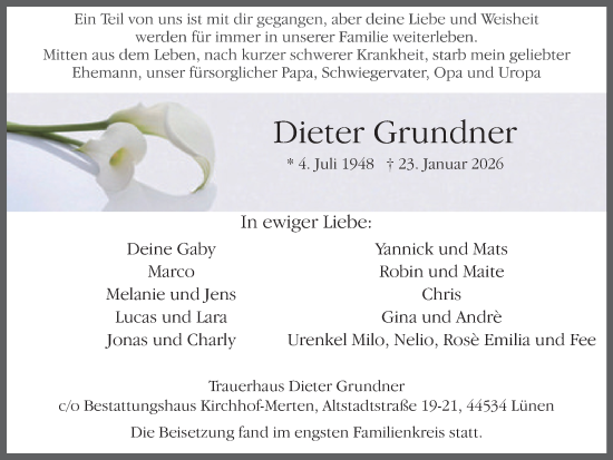 Traueranzeige von Dieter Grundner von Lüner Anzeiger