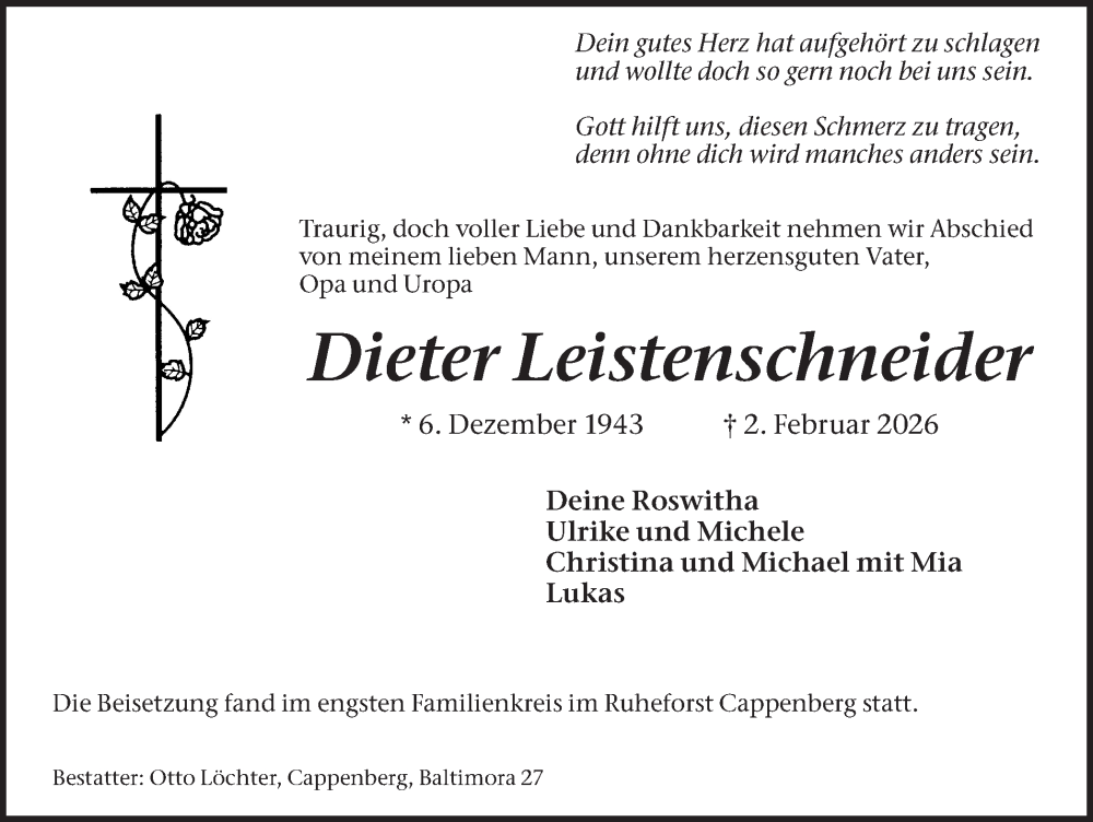  Traueranzeige für Dieter Leistenschneider vom 21.02.2026 aus Ruhr Nachrichten