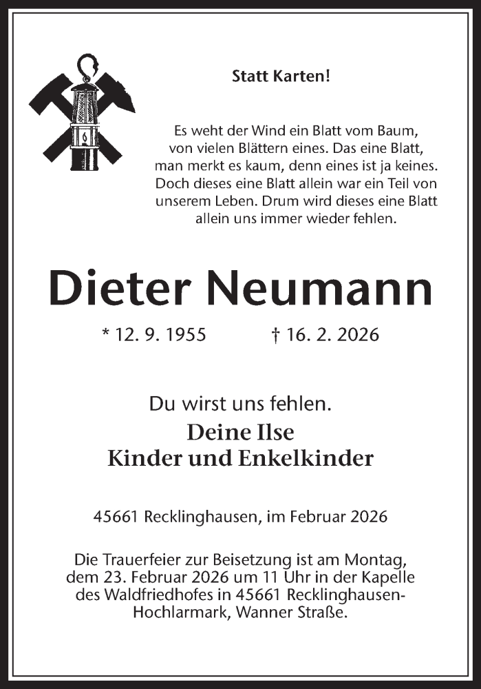  Traueranzeige für Dieter Neumann vom 21.02.2026 aus Trauer Vest