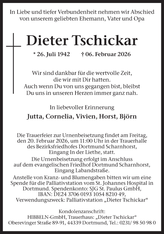 Traueranzeige von Dieter Tschickar von Ruhr Nachrichten