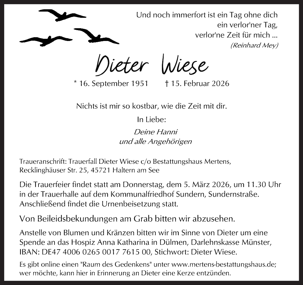  Traueranzeige für Dieter Wiese vom 28.02.2026 aus Ruhr Nachrichten und Halterner Zeitung