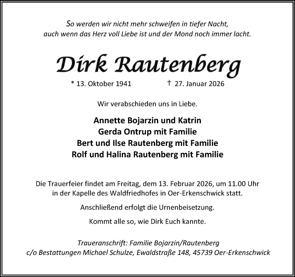  Traueranzeige für Dirk Rautenberg vom 07.02.2026 aus Trauer Vest