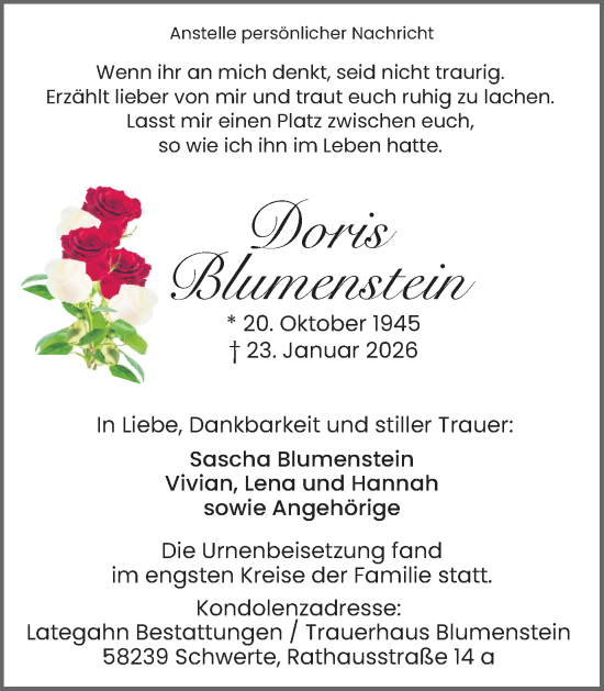 Traueranzeige von Doris Blumenstein von Ruhr Nachrichten