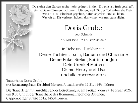 Traueranzeige von Doris Grube von Ruhr Nachrichten