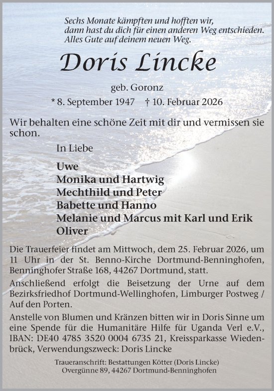 Traueranzeige von Doris Lincke von Ruhr Nachrichten