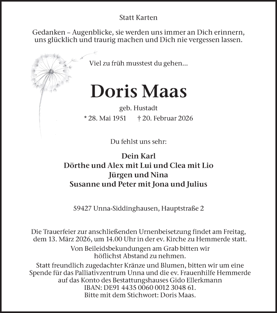  Traueranzeige für Doris Maas vom 28.02.2026 aus Hellweger Anzeiger