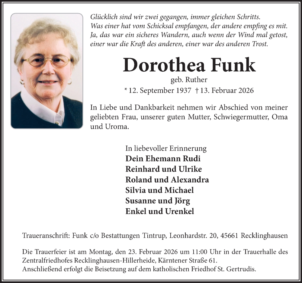  Traueranzeige für Dorothea Funk vom 18.02.2026 aus Trauer Vest