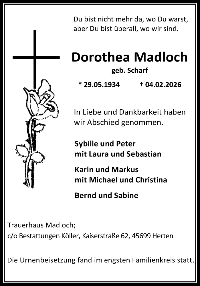  Traueranzeige für Dorothea Madloch vom 28.02.2026 aus Trauer Vest