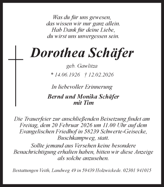 Traueranzeige von Dorothea Schäfer von Ruhr Nachrichten