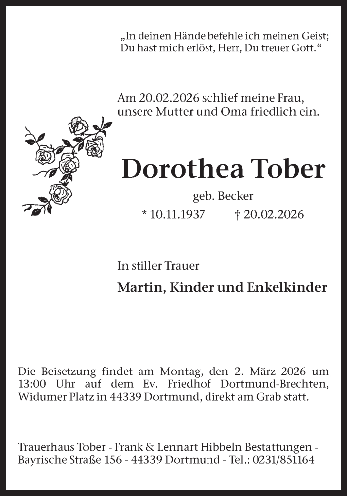  Traueranzeige für Dorothea Tober vom 28.02.2026 aus Ruhr Nachrichten