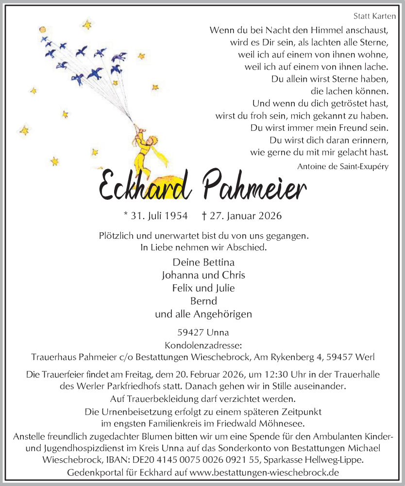  Traueranzeige für Eckhard Pahmeier vom 07.02.2026 aus Hellweger Anzeiger