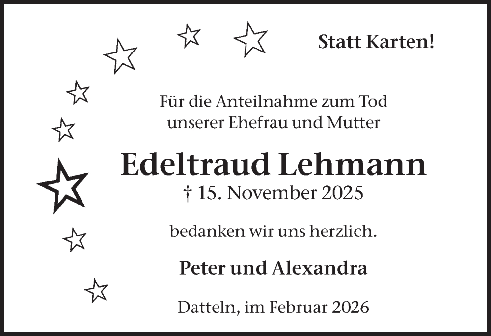  Traueranzeige für Edeltraud Lehmann vom 07.02.2026 aus Trauer Vest