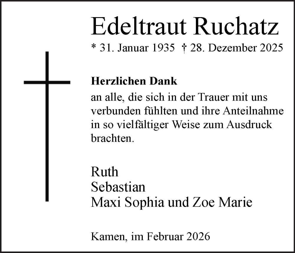  Traueranzeige für Edeltraut Ruchatz vom 21.02.2026 aus Hellweger Anzeiger