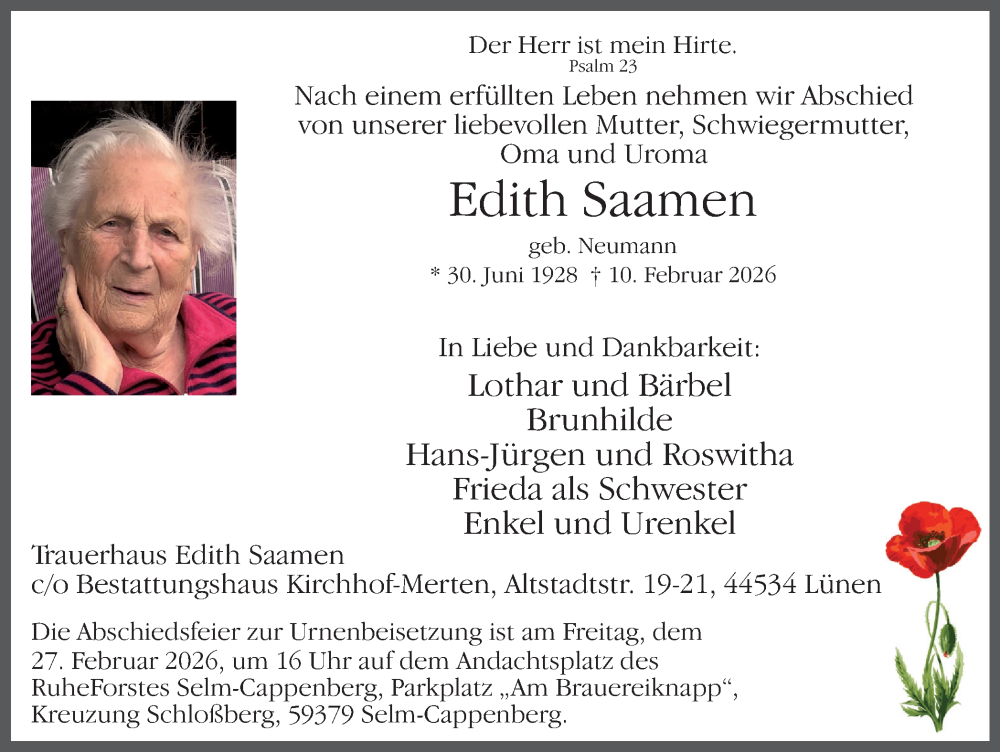  Traueranzeige für Edith Saamen vom 21.02.2026 aus Lüner Anzeiger