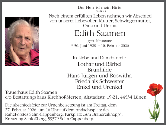 Traueranzeige von Edith Saamen von Ruhr Nachrichten