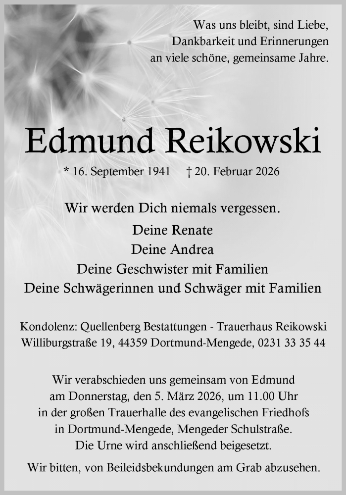  Traueranzeige für Edmund Reikowski vom 28.02.2026 aus Ruhr Nachrichten