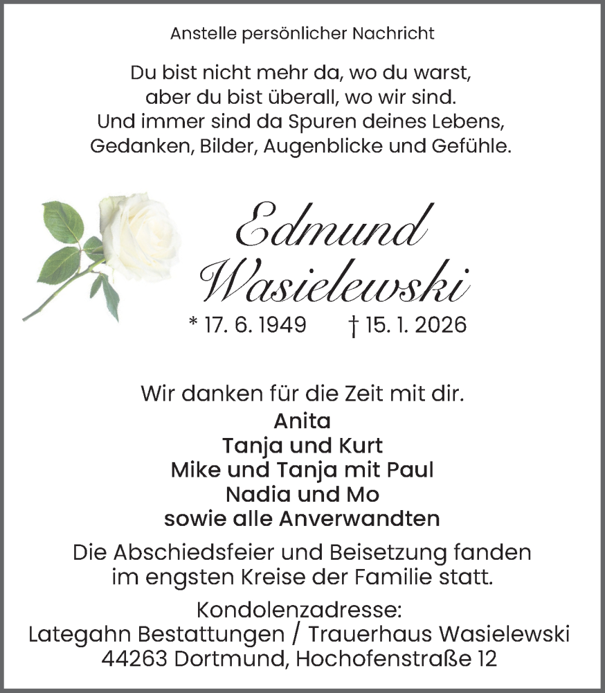  Traueranzeige für Edmund Wasielewski vom 14.02.2026 aus Ruhr Nachrichten