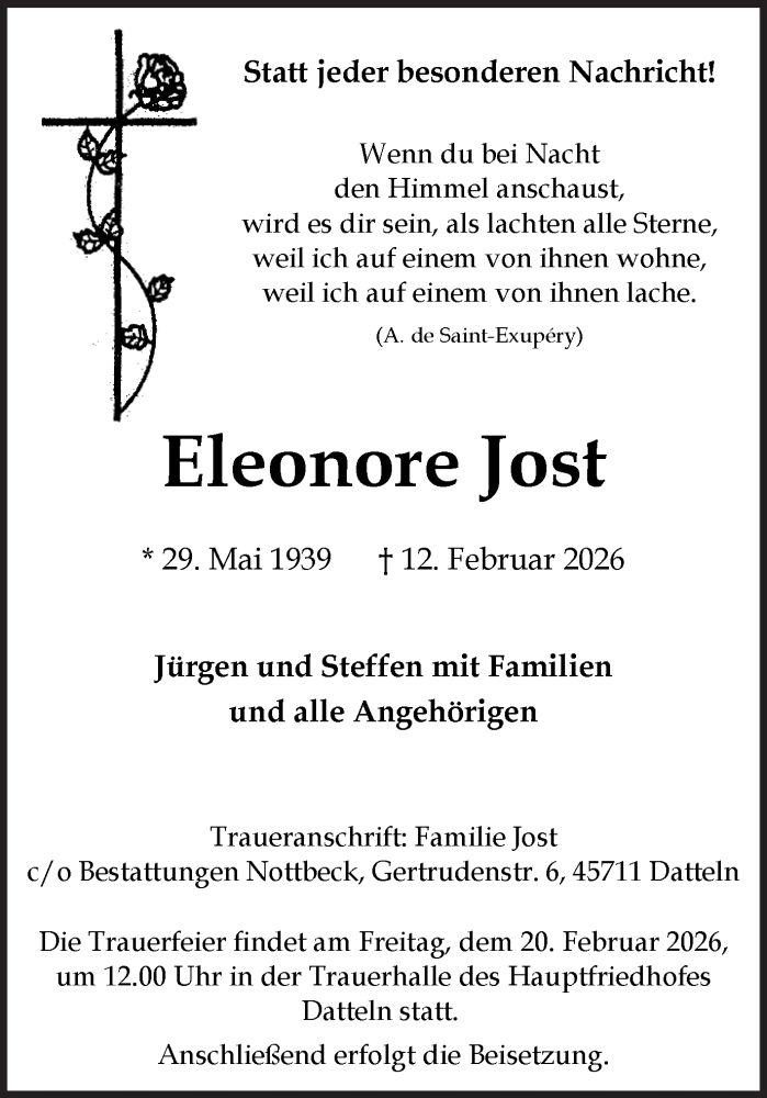  Traueranzeige für Eleonore Jost vom 19.02.2026 aus Trauer Vest