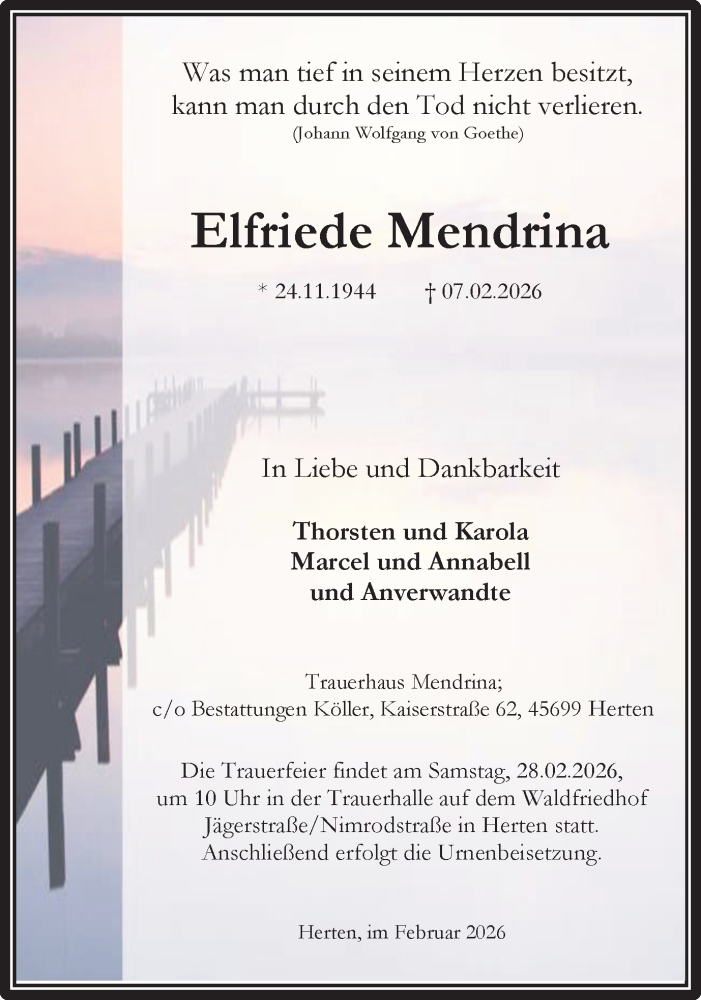  Traueranzeige für Elfriede Mendrina vom 14.02.2026 aus Trauer Vest