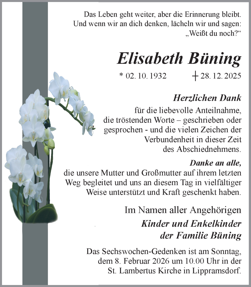  Traueranzeige für Elisabeth Büning vom 04.02.2026 aus Ruhr Nachrichten und Halterner Zeitung