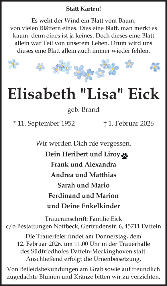  Traueranzeige für Elisabeth Eick vom 07.02.2026 aus Ruhr Nachrichten