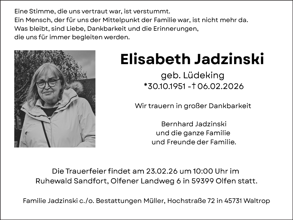  Traueranzeige für Elisabeth Jadzinski vom 14.02.2026 aus Trauer Vest