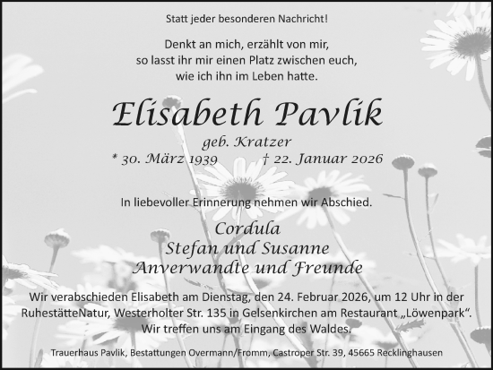 Traueranzeige von Elisabeth Pavlik von Trauer Vest