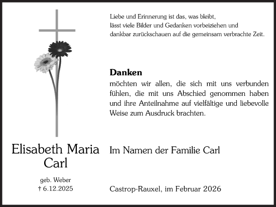 Traueranzeige von Elisabeth Maria Carl von Ruhr Nachrichten
