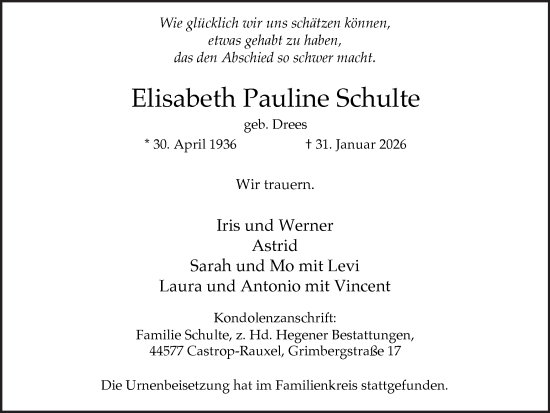 Traueranzeige von Elisabeth Pauline Schulte von Stadtanzeiger Castrop-Rauxel