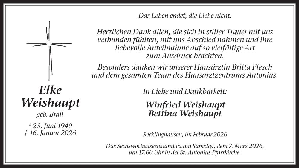  Traueranzeige für Elke Weishaupt vom 25.02.2026 aus Trauer Vest