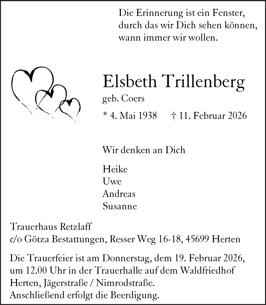  Traueranzeige für Elsbeth Trillenberg vom 14.02.2026 aus Trauer Vest