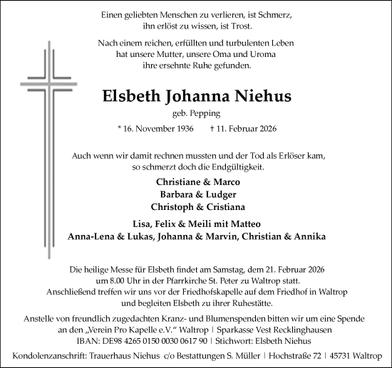 Traueranzeige von Elsbeth Johanna Niehus von Trauer Vest