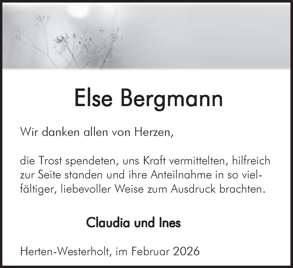  Traueranzeige für Else Bergmann vom 25.02.2026 aus Trauer Vest