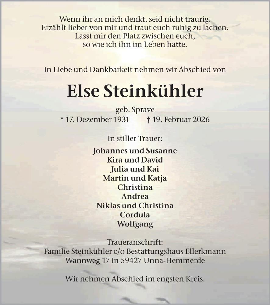  Traueranzeige für Else Steinkühler vom 28.02.2026 aus Hellweger Anzeiger