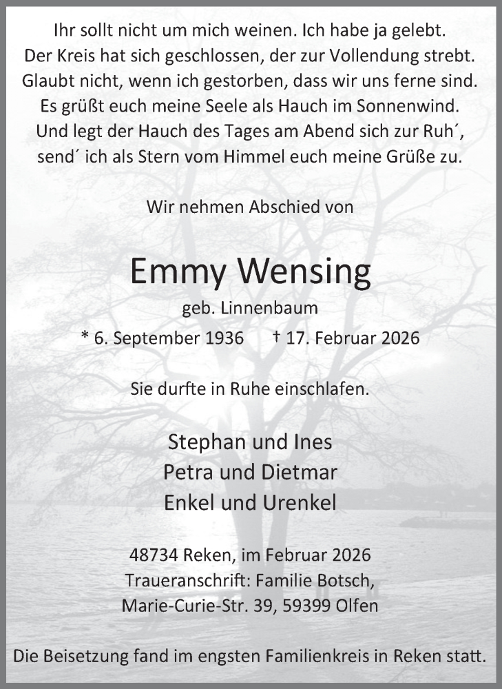  Traueranzeige für Emmy Wensing vom 21.02.2026 aus Trauer Vest
