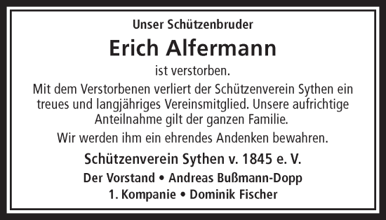 Traueranzeige von Erich Alfermann von Ruhr Nachrichten und Halterner Zeitung