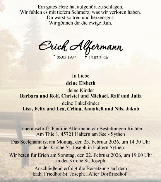 Traueranzeige von Erich Alfermann von Ruhr Nachrichten und Halterner Zeitung