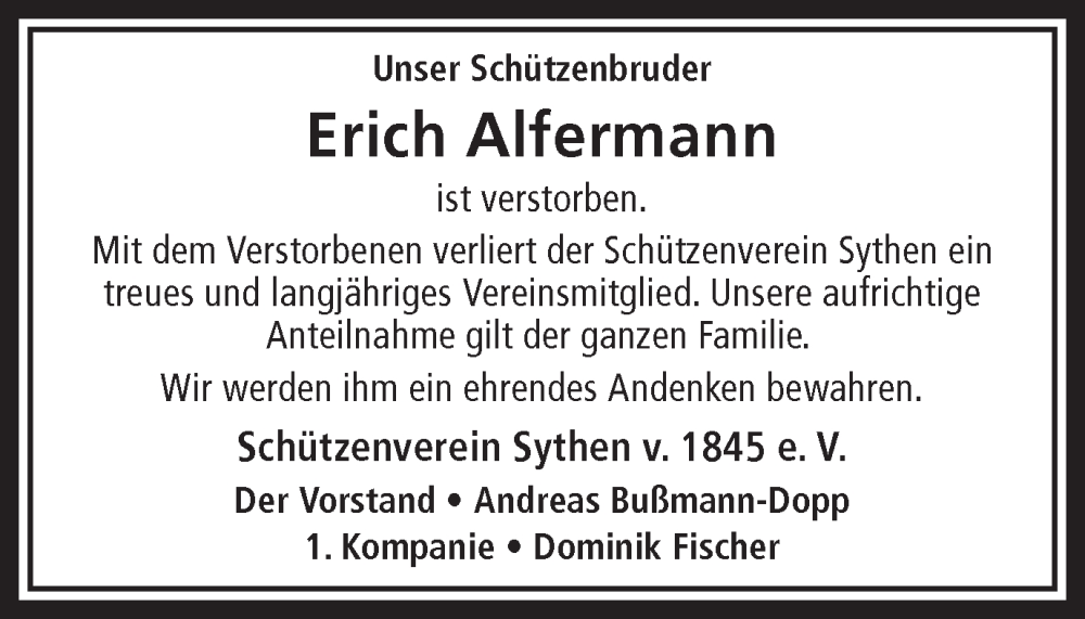  Traueranzeige für Erich Alfermann vom 18.02.2026 aus Ruhr Nachrichten und Halterner Zeitung