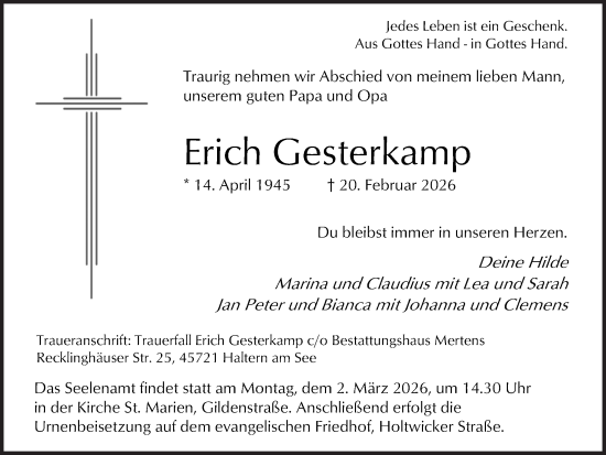 Traueranzeige von Erich Gesterkamp von Ruhr Nachrichten und Halterner Zeitung