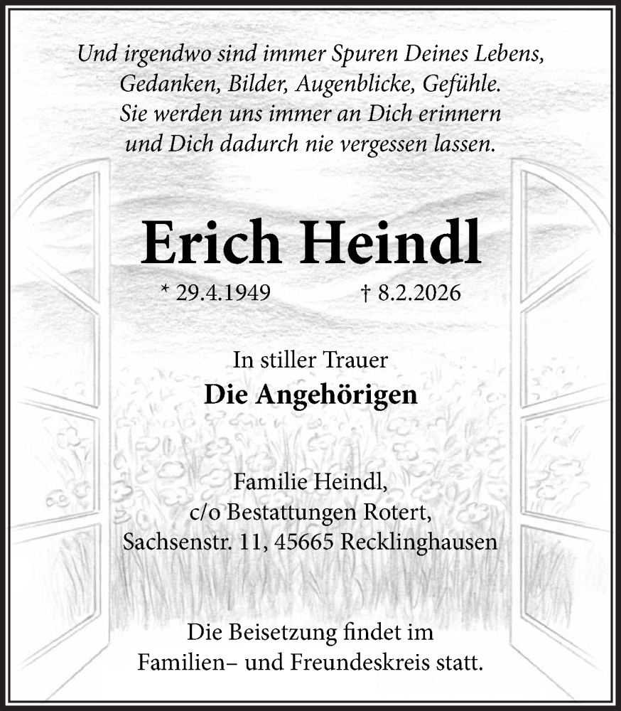  Traueranzeige für Erich Heindl vom 14.02.2026 aus Trauer Vest
