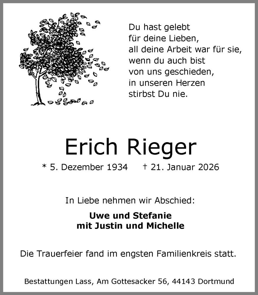  Traueranzeige für Erich Rieger vom 07.02.2026 aus Ruhr Nachrichten