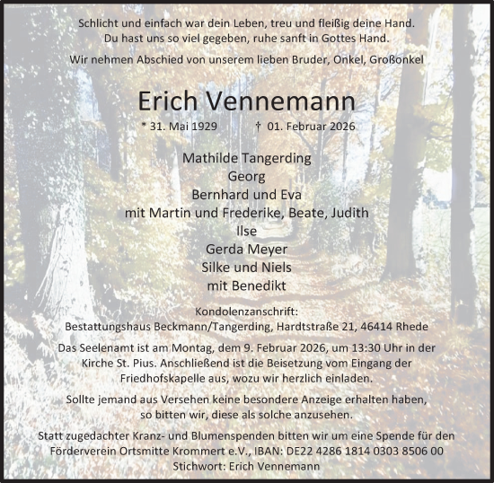 Traueranzeige von Erich Vennemann 