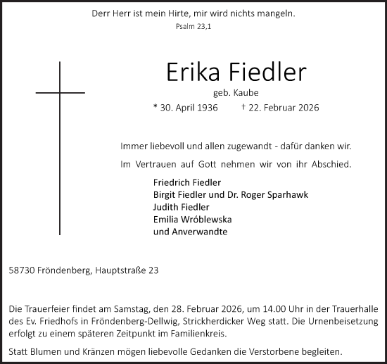 Traueranzeige von Erika Fiedler von Hellweger Anzeiger