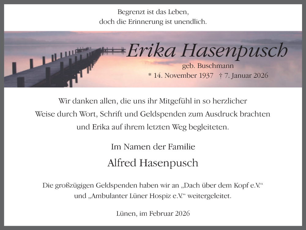  Traueranzeige für Erika Hasenpusch vom 21.02.2026 aus Lüner Anzeiger